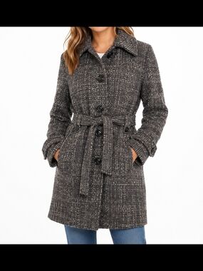 Gray Tweed Belted Trench Coat